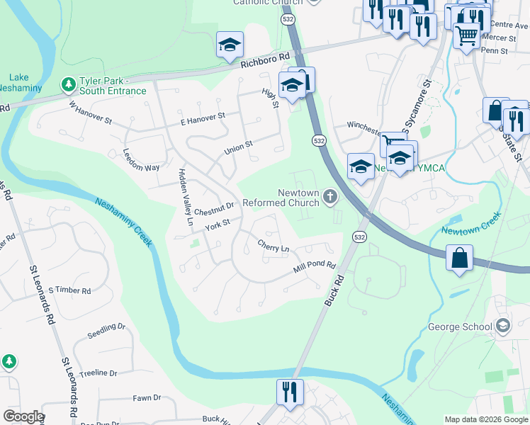 map of restaurants, bars, coffee shops, grocery stores, and more near 37 Fair Oaks Court in Newtown