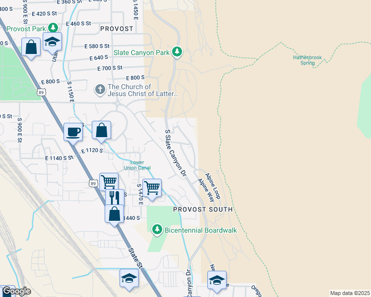 map of restaurants, bars, coffee shops, grocery stores, and more near 3 East 1080 South in Provo