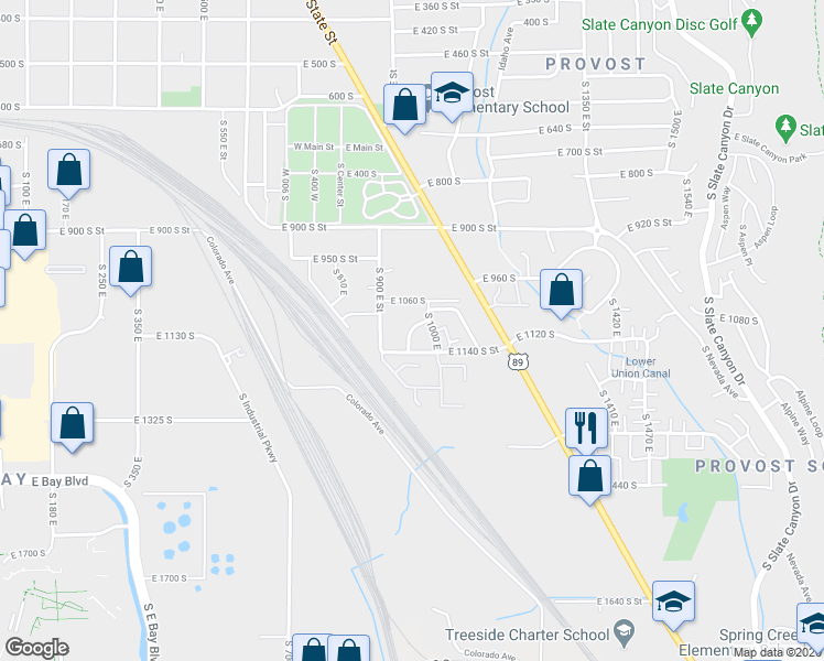 map of restaurants, bars, coffee shops, grocery stores, and more near 1062 South 950 East in Provo