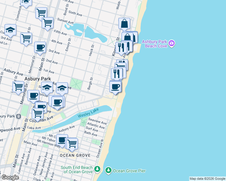 map of restaurants, bars, coffee shops, grocery stores, and more near 1st Avenue in Asbury Park
