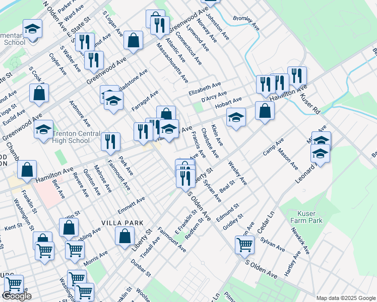 map of restaurants, bars, coffee shops, grocery stores, and more near 21 Moffatt Avenue in Hamilton Township
