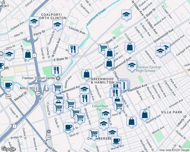 map of restaurants, bars, coffee shops, grocery stores, and more near 527 Monmouth Street in Trenton