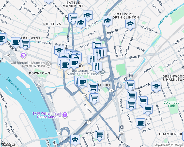 map of restaurants, bars, coffee shops, grocery stores, and more near 20 South Montgomery Street in Trenton