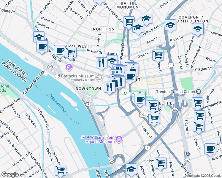 map of restaurants, bars, coffee shops, grocery stores, and more near 31 West Front Street in Trenton