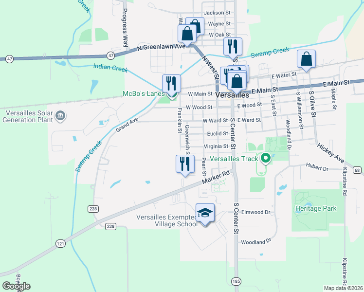 map of restaurants, bars, coffee shops, grocery stores, and more near 353 Virginia Street in Versailles