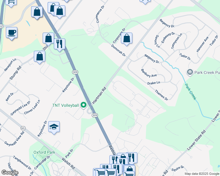map of restaurants, bars, coffee shops, grocery stores, and more near 100 West Kennedy Road in North Wales