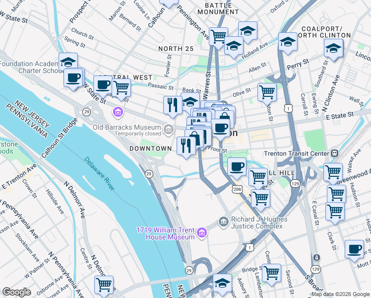 map of restaurants, bars, coffee shops, grocery stores, and more near 31 West Front Street in Trenton
