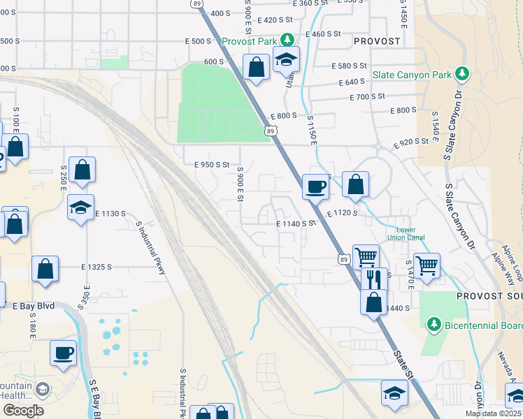 map of restaurants, bars, coffee shops, grocery stores, and more near 1062 South 950 East in Provo