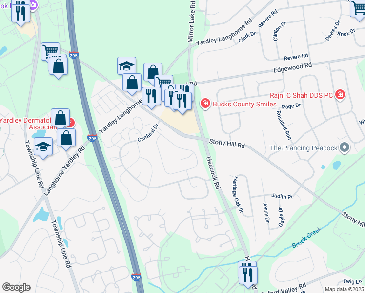 map of restaurants, bars, coffee shops, grocery stores, and more near 687A Rose Hollow Drive in Yardley