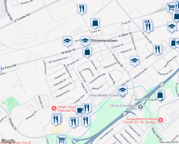 map of restaurants, bars, coffee shops, grocery stores, and more near 16 Courtland Road in Camp Hill