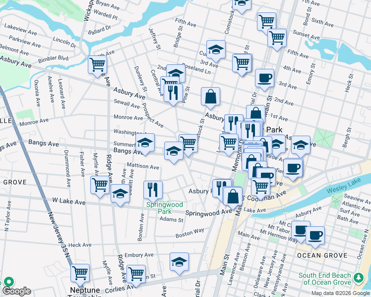 map of restaurants, bars, coffee shops, grocery stores, and more near 1151 Summerfield Avenue in Asbury Park