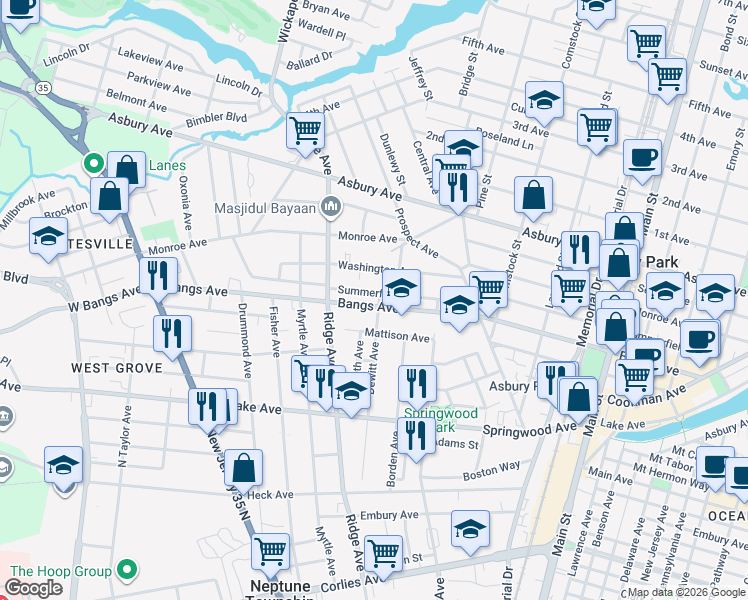 map of restaurants, bars, coffee shops, grocery stores, and more near 1509 Summerfield Avenue in Asbury Park