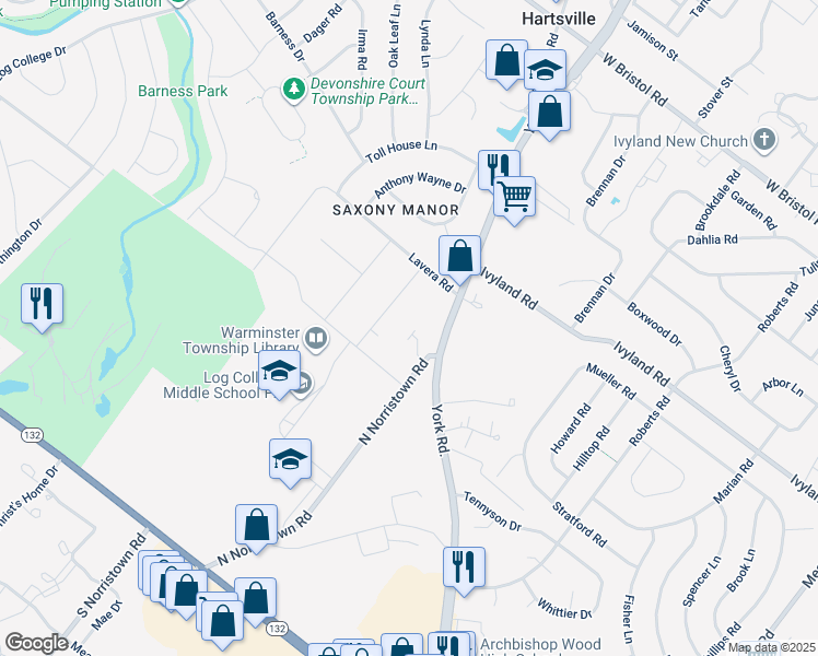 map of restaurants, bars, coffee shops, grocery stores, and more near 924 Stein Court in Warminster