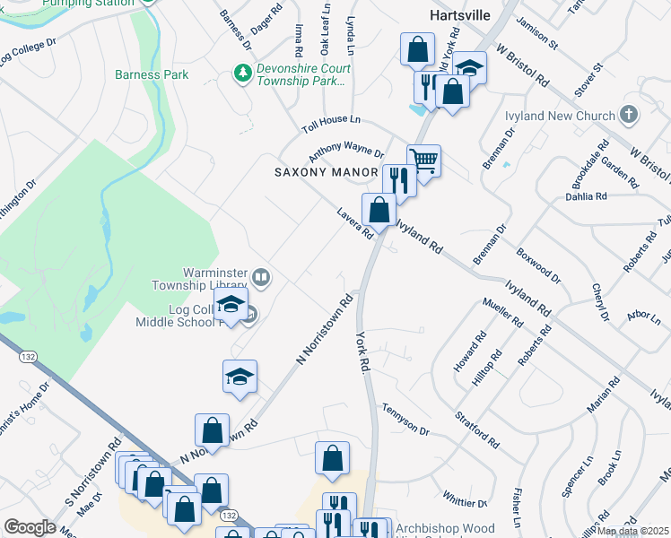 map of restaurants, bars, coffee shops, grocery stores, and more near 924 Stein Court in Warminster