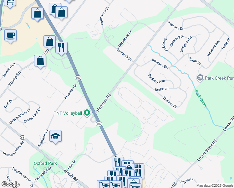 map of restaurants, bars, coffee shops, grocery stores, and more near 100 West Kennedy Road in North Wales