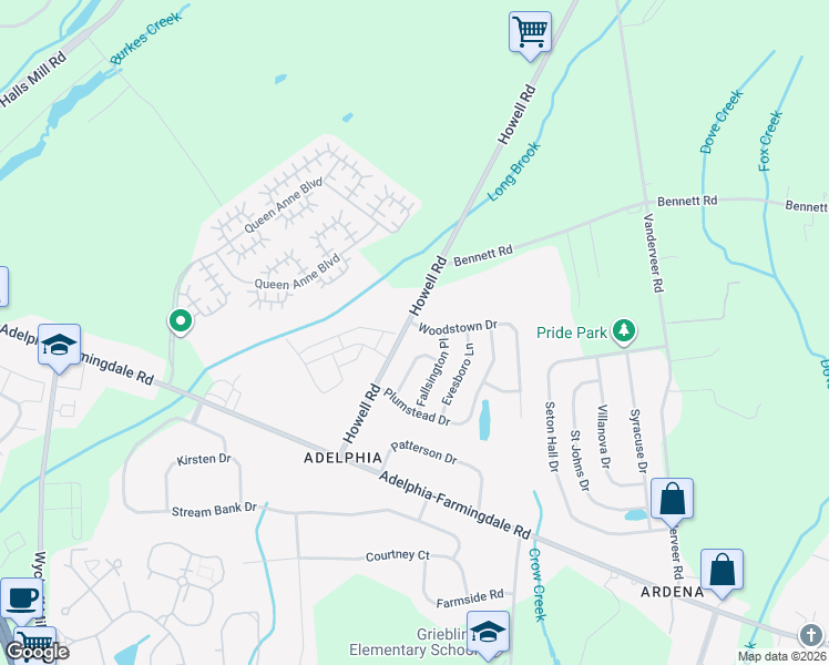map of restaurants, bars, coffee shops, grocery stores, and more near 2 Woodstown Drive in Freehold
