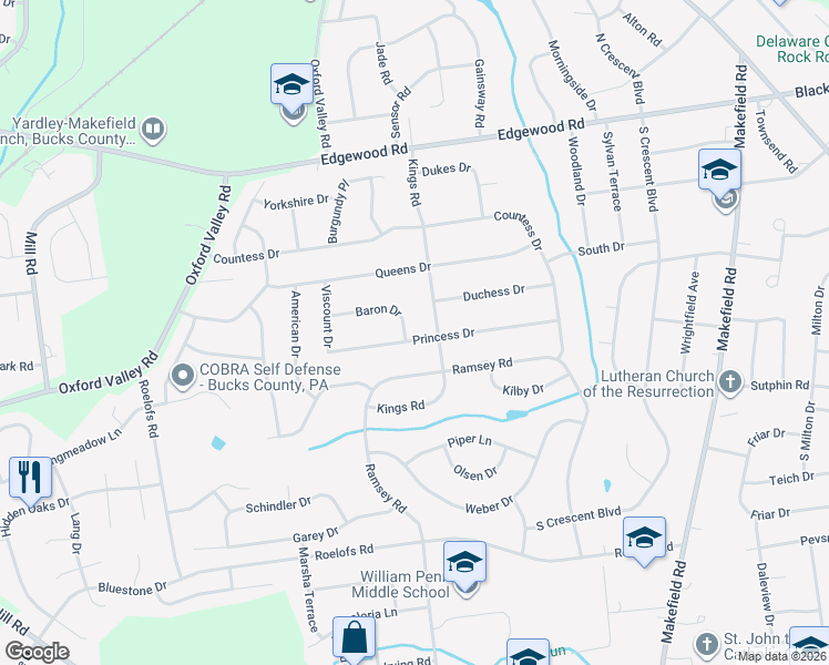 map of restaurants, bars, coffee shops, grocery stores, and more near 938 Baron Drive in Yardley