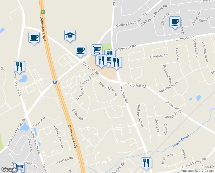 map of restaurants, bars, coffee shops, grocery stores, and more near 687A Rose Hollow Drive in Yardley