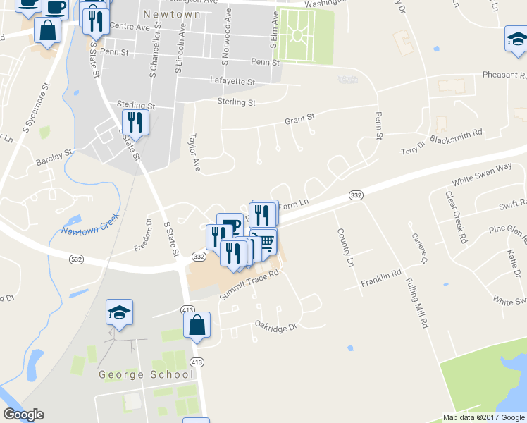 map of restaurants, bars, coffee shops, grocery stores, and more near 400 Fountain Farm Lane in Newtown