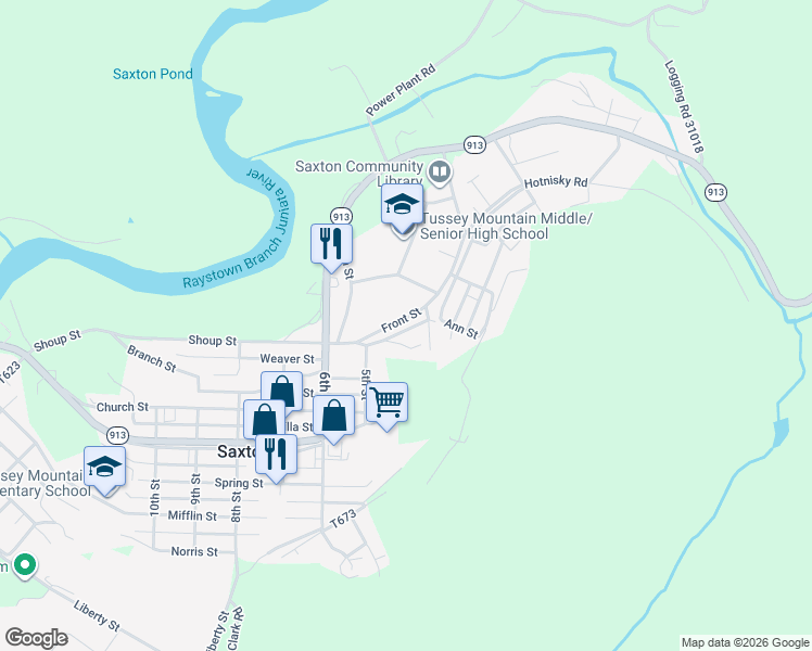 map of restaurants, bars, coffee shops, grocery stores, and more near 213 Front Street in Saxton