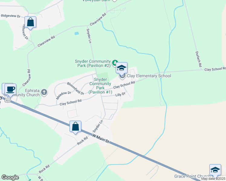 map of restaurants, bars, coffee shops, grocery stores, and more near 245 Clay School Road in Ephrata