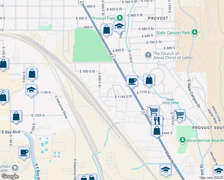 map of restaurants, bars, coffee shops, grocery stores, and more near 1084 South 1000 East in Provo