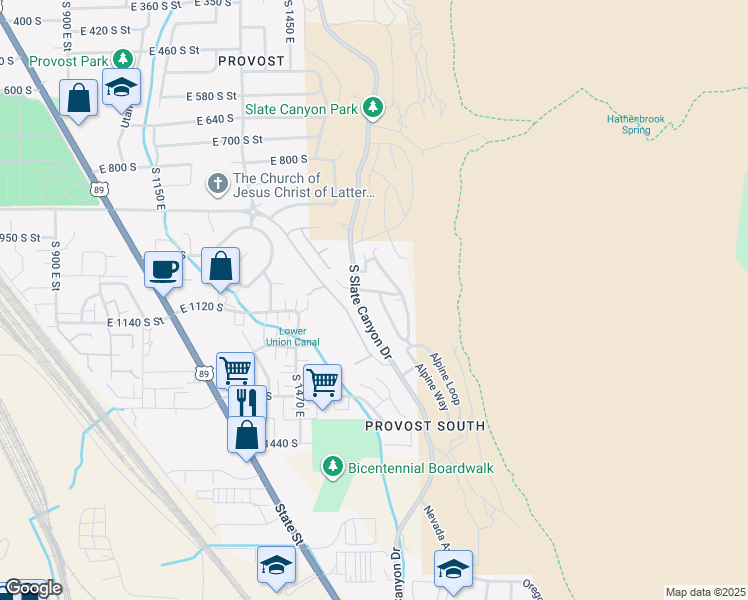 map of restaurants, bars, coffee shops, grocery stores, and more near 1097 South Slate Canyon Drive in Provo