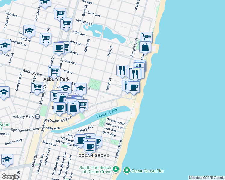 map of restaurants, bars, coffee shops, grocery stores, and more near 206 1st Avenue in Asbury Park