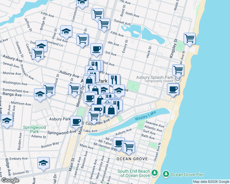 map of restaurants, bars, coffee shops, grocery stores, and more near 512 Asbury Avenue in Asbury Park