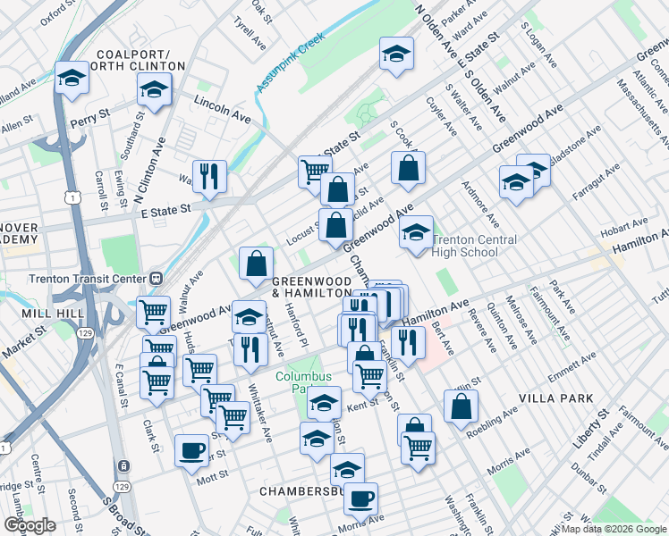 map of restaurants, bars, coffee shops, grocery stores, and more near 734 Greenwood Avenue in Trenton
