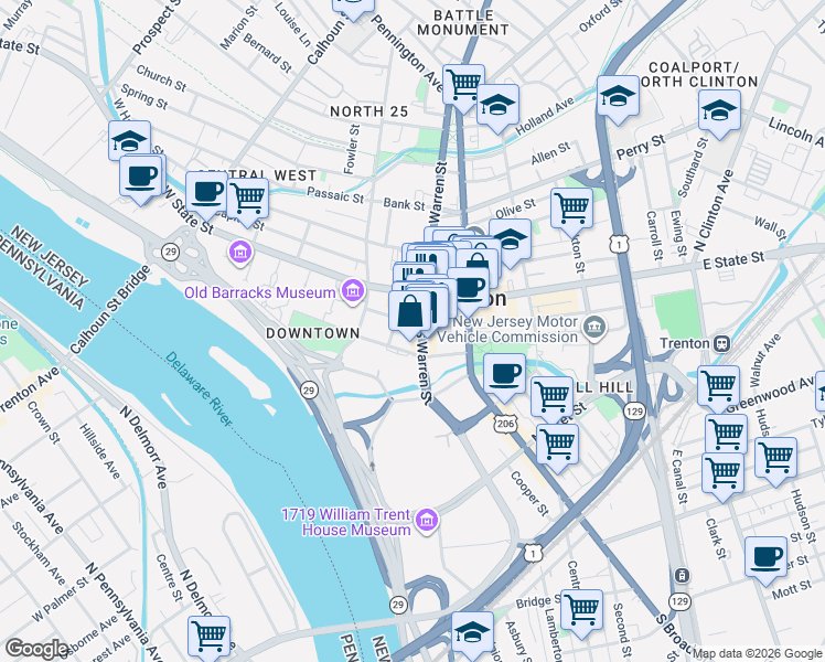 map of restaurants, bars, coffee shops, grocery stores, and more near 28 Lincoln Highway in Trenton