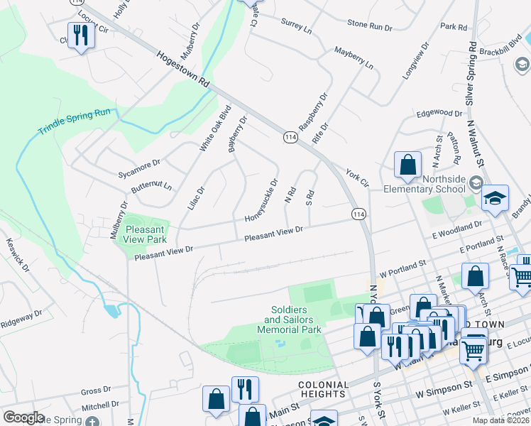map of restaurants, bars, coffee shops, grocery stores, and more near 48 Honeysuckle Drive in Mechanicsburg