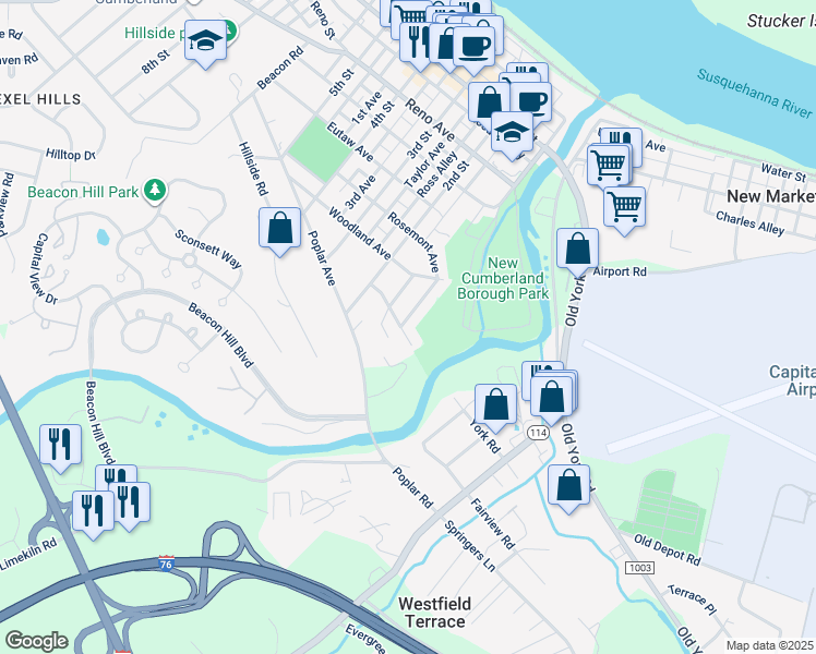 map of restaurants, bars, coffee shops, grocery stores, and more near 822 Rosemont Avenue in New Cumberland