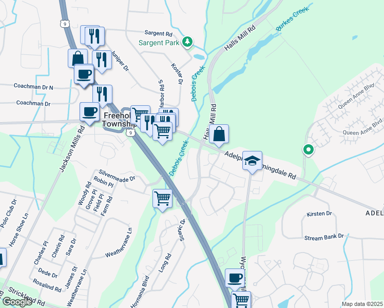 map of restaurants, bars, coffee shops, grocery stores, and more near 2808 Kapalua Court in Freehold