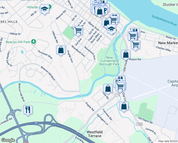 map of restaurants, bars, coffee shops, grocery stores, and more near 822 Rosemont Avenue in New Cumberland
