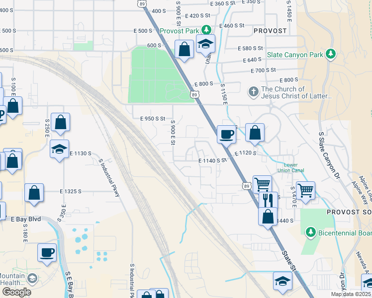 map of restaurants, bars, coffee shops, grocery stores, and more near 1078 South 950 East Street in Provo