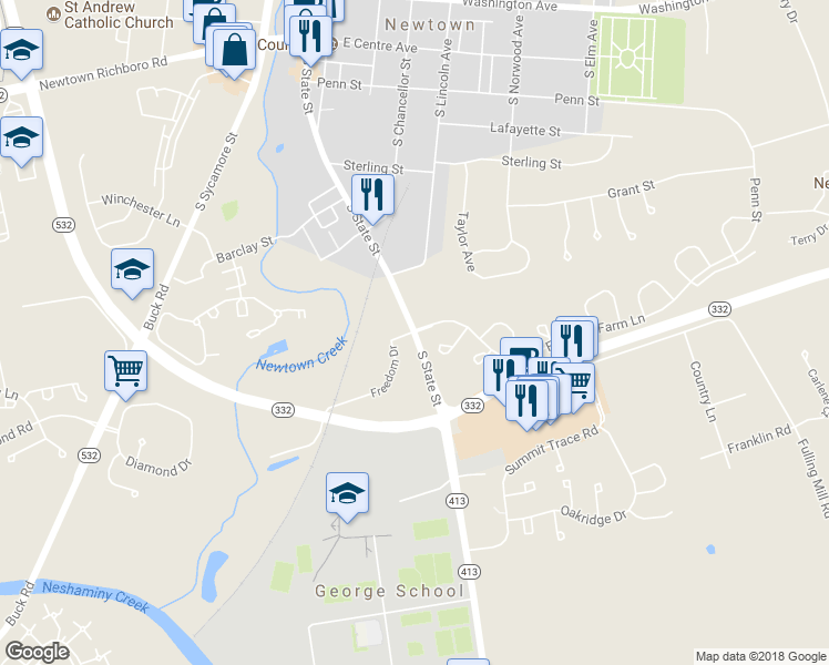 map of restaurants, bars, coffee shops, grocery stores, and more near 0 Freedom Drive in Newtown