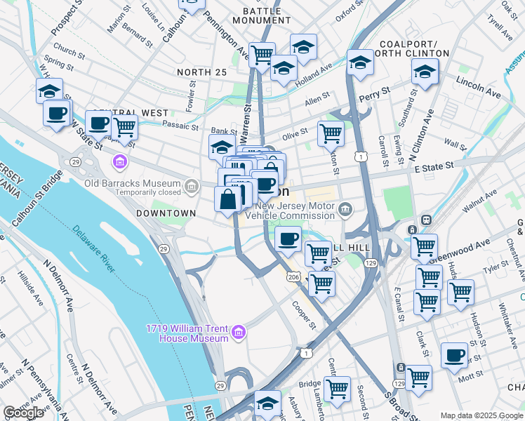 map of restaurants, bars, coffee shops, grocery stores, and more near 32 East Front Street in Trenton