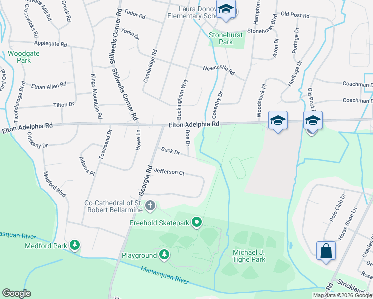 map of restaurants, bars, coffee shops, grocery stores, and more near 7 Doe Drive in Freehold