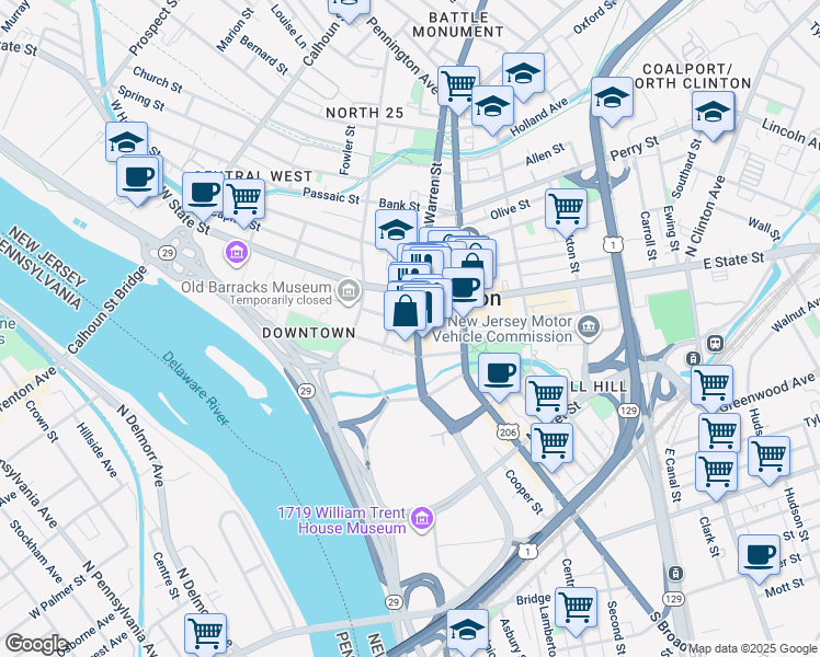 map of restaurants, bars, coffee shops, grocery stores, and more near 28 Lincoln Highway in Trenton