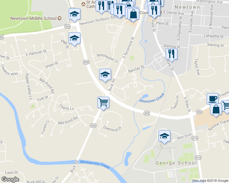 map of restaurants, bars, coffee shops, grocery stores, and more near 24 Heather Court in Newtown