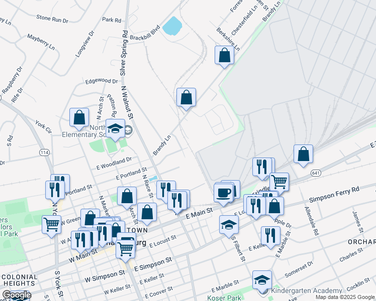 map of restaurants, bars, coffee shops, grocery stores, and more near 402 East Portland Street in Mechanicsburg