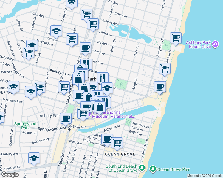 map of restaurants, bars, coffee shops, grocery stores, and more near 711 Grand Avenue in Asbury Park