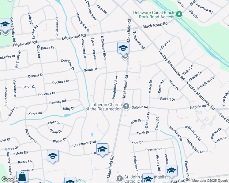 map of restaurants, bars, coffee shops, grocery stores, and more near 1800 Wrightfield Avenue in Yardley