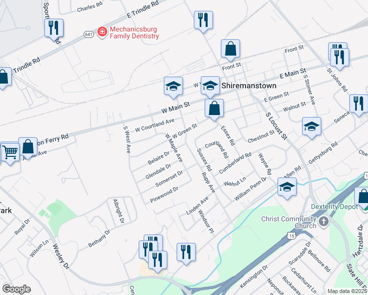 map of restaurants, bars, coffee shops, grocery stores, and more near 200 Belaire Drive in Shiremanstown