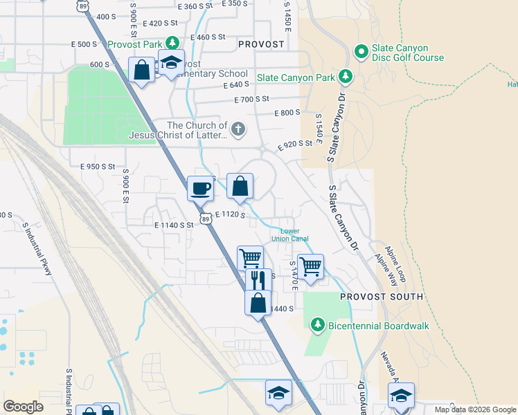 map of restaurants, bars, coffee shops, grocery stores, and more near 1066 Cinnamon Ridge Drive in Provo