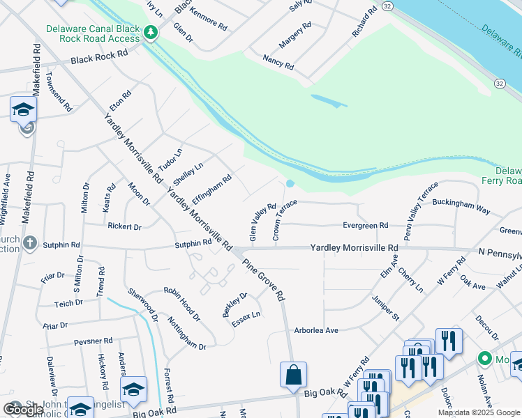 map of restaurants, bars, coffee shops, grocery stores, and more near 114 Glen Valley Road in Yardley