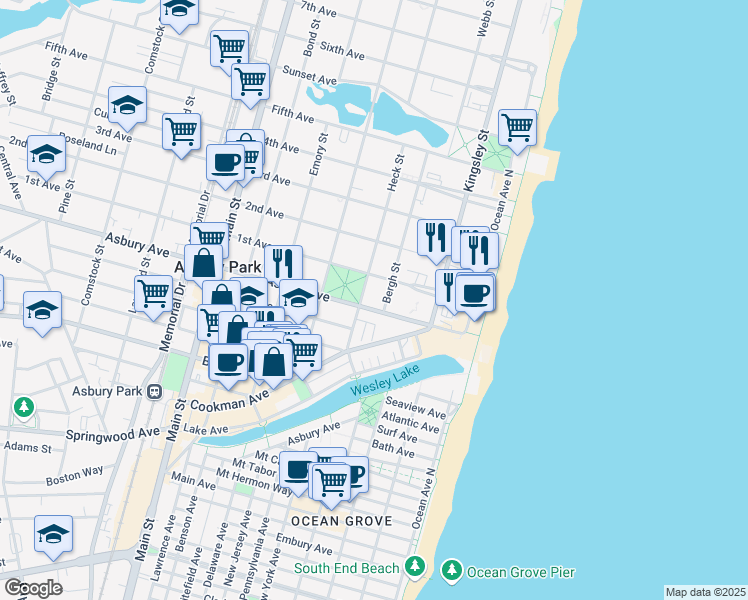 map of restaurants, bars, coffee shops, grocery stores, and more near 309 Asbury Avenue in Asbury Park