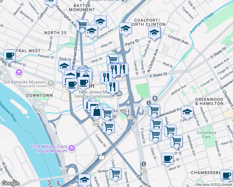 map of restaurants, bars, coffee shops, grocery stores, and more near 25 South Stockton Street in Trenton
