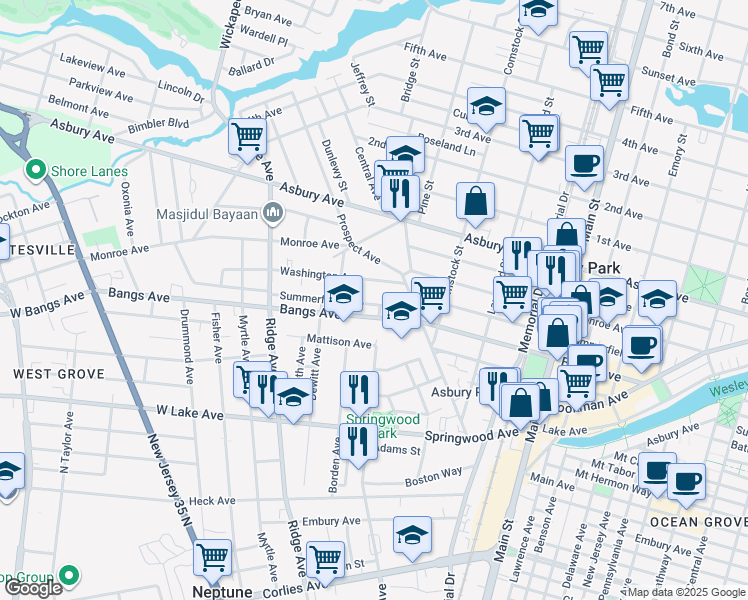 map of restaurants, bars, coffee shops, grocery stores, and more near 1305 Summerfield Avenue in Asbury Park